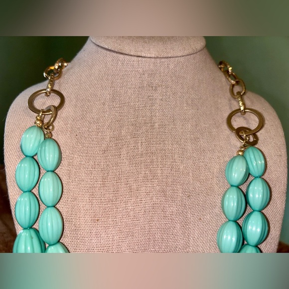 Chunky Link Statement Necklace & Matching Earring Set: Boho Gold + Aqua & Wood - Picture 3 of 11